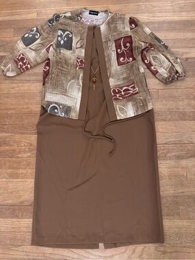 Kathy Roberts Women's Brown Geometric Dress and Jacket Set - Size 2X
 b9
